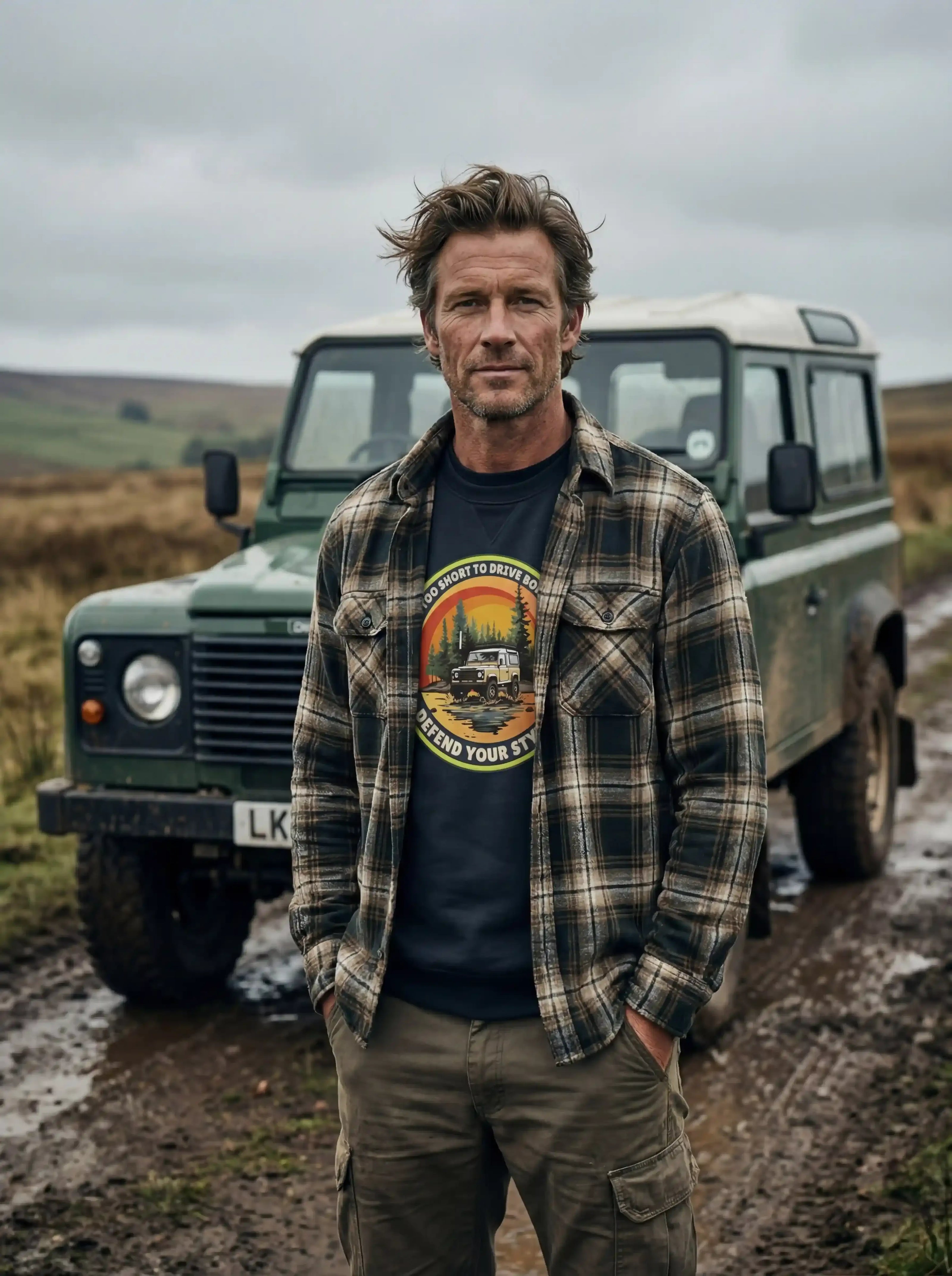 Man in plaid shirt and graphic tee standing by green off-road vehicle in muddy field