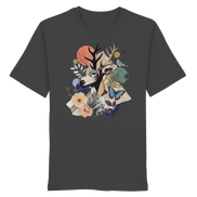 A dark charcoal gray short-sleeve t-shirt with a central graphic print of a deer head surrounded by flowers, leaves, butterflies, and abstract shapes in muted earthy tones.