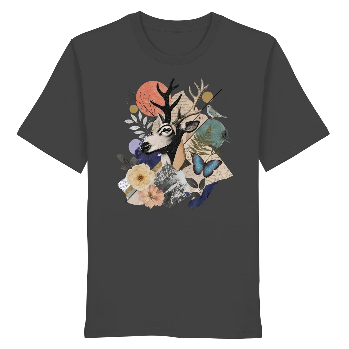 A dark charcoal gray short-sleeve t-shirt with a central graphic print of a deer head surrounded by flowers, leaves, butterflies, and abstract shapes in muted earthy tones.