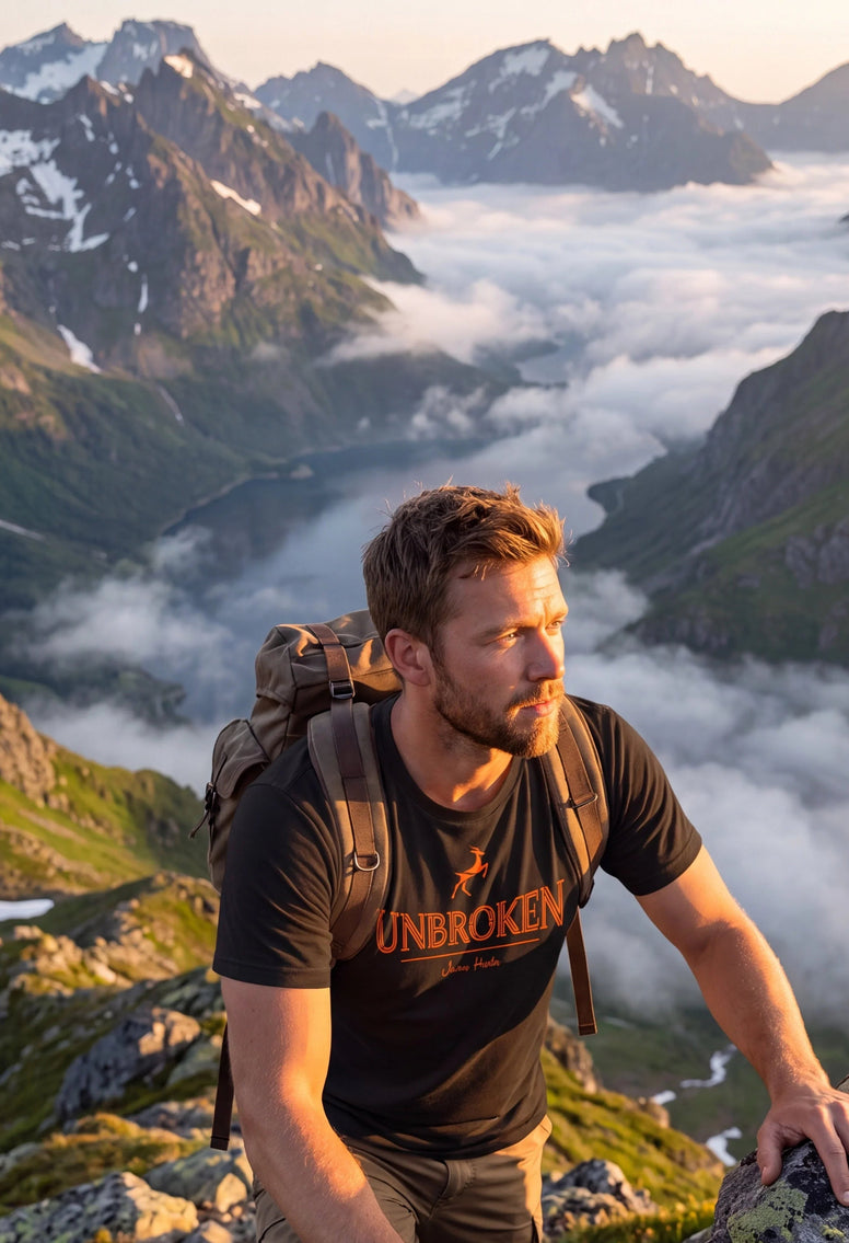 A male hiker wearing a black t-shirt with 'UNBROKEN' printed in orange on the chest, posing on a mountain peak with a dramatic mountain range and sea of clouds in the background.