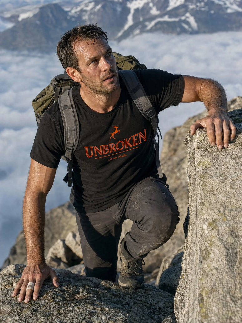 A man climbing a rocky mountain peak outdoors, wearing a black t-shirt with the word 'UNBROKEN' in orange text and a backpack, with snow-capped mountains in the background.