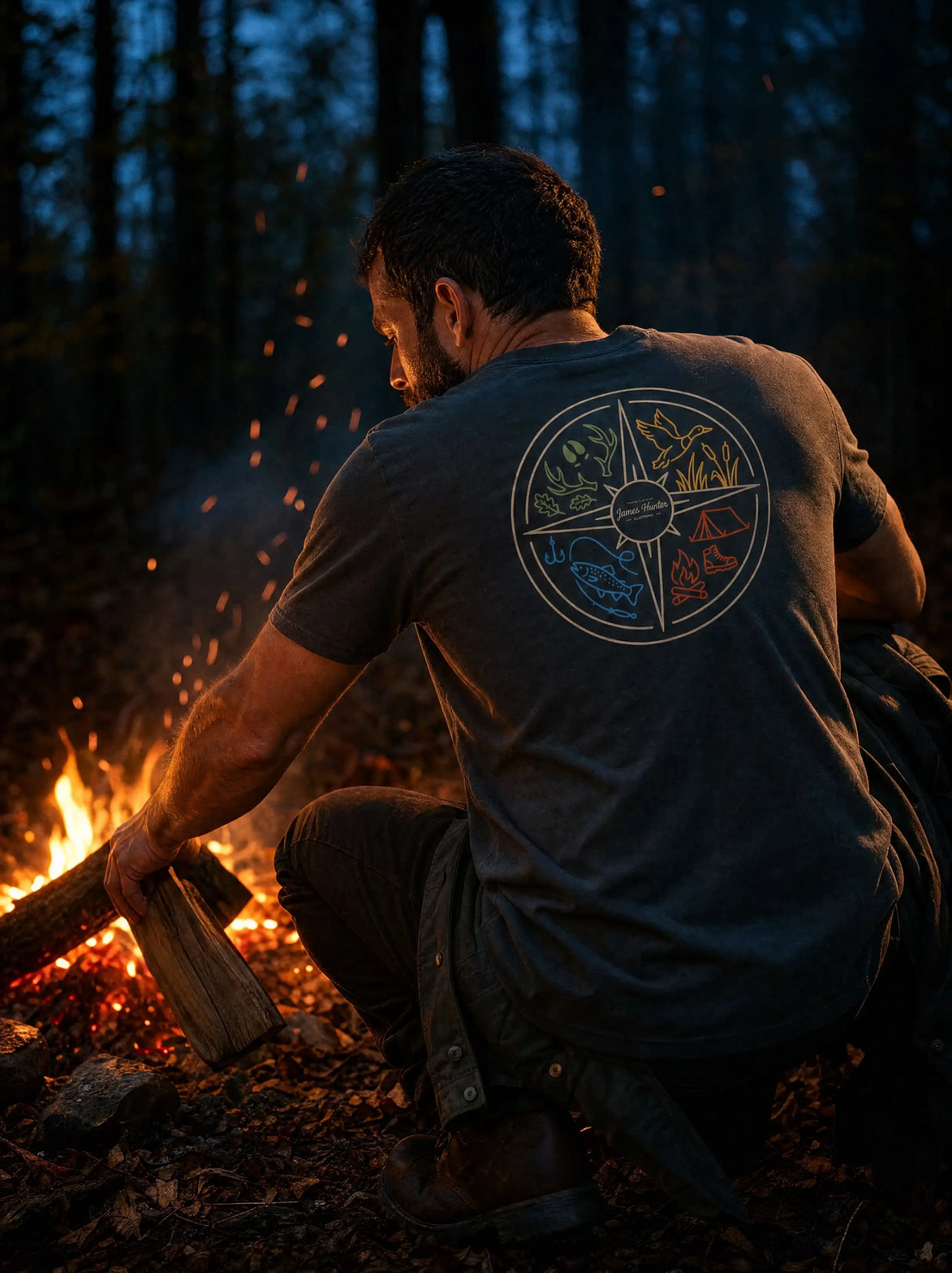 A man crouches by a campfire in a dark forest, wearing a dark gray t-shirt with a circular multicolor graphic print on the back. The graphic features stylized mountain peaks in yellow, orange, and blue segments.