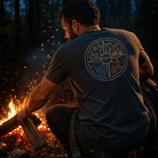A man crouches by a campfire in a dark forest, wearing a dark gray t-shirt with a circular multicolor graphic print on the back. The graphic features stylized mountain peaks in yellow, orange, and blue segments.