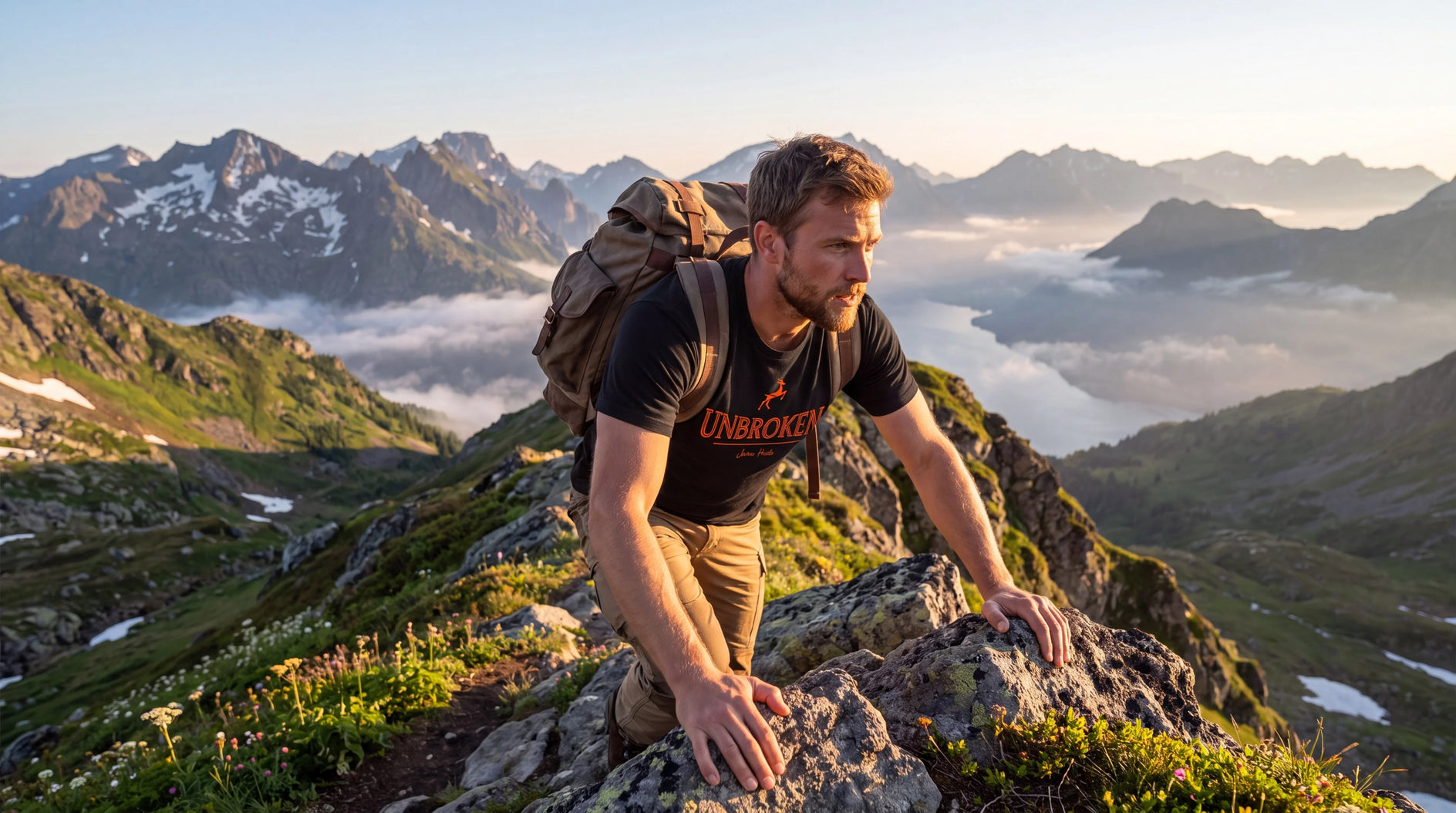 A man hiking on a mountain ridge with a scenic alpine landscape, including snow-capped peaks and clouds, wearing a black t-shirt with orange text and a brown backpack.