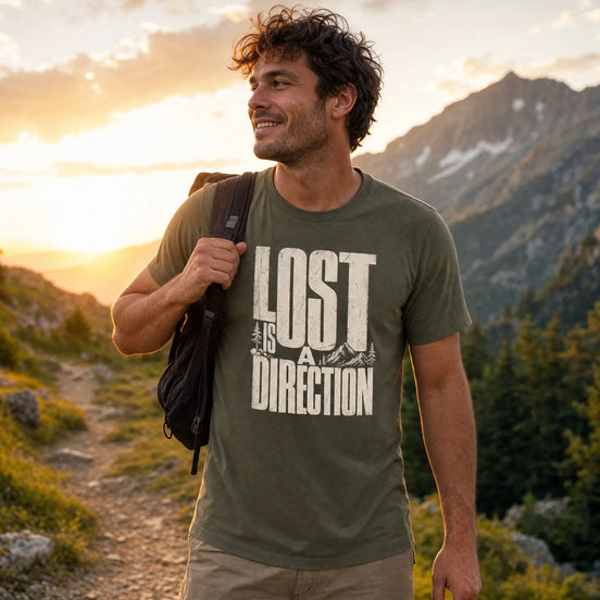 A man hiking on a mountain trail at sunset, wearing an olive green t-shirt with a distressed white graphic that reads 'LOST IS A DIRECTION' and carrying a black backpack.