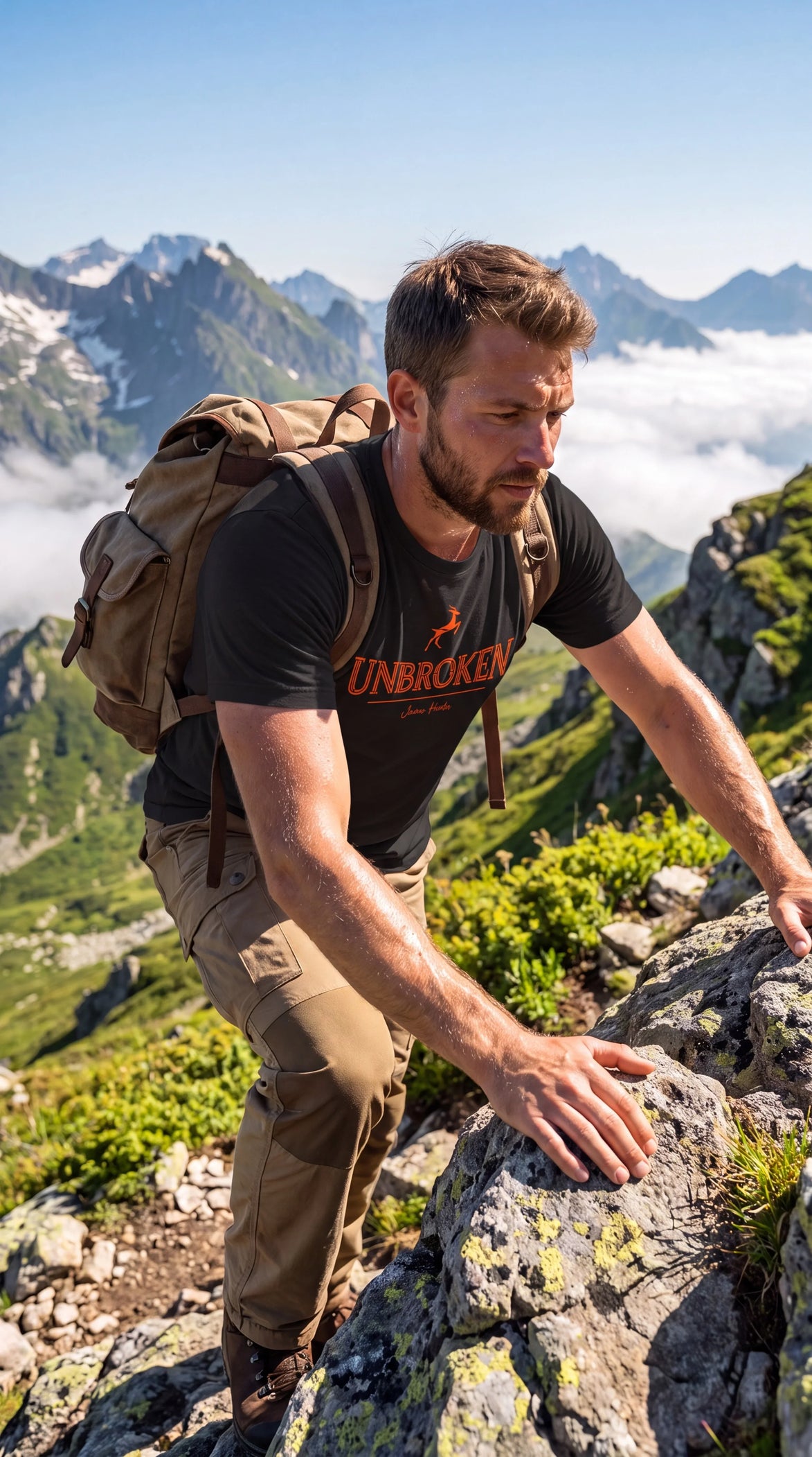A man hiking on a rocky mountain slope wearing a black Unbroken t-shirt, khaki pants, and a brown backpack, with a scenic mountain landscape and clouds in the background.