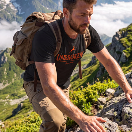 A man hiking on a rocky mountain slope wearing a black Unbroken t-shirt, khaki pants, and a brown backpack, with a scenic mountain landscape and clouds in the background.