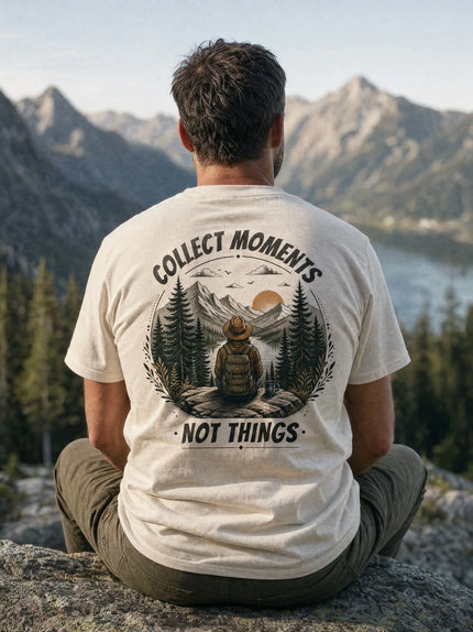 A man sits cross-legged on a rock in a mountain landscape, viewed from behind, wearing a cream-colored t-shirt with a large back graphic that reads 'COLLECT MOMENTS NOT THINGS' around an illustrated mountain, trees, and a person with a backpack.