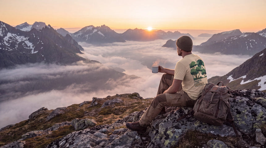 A man sits on a rocky mountain peak at sunrise, facing a dramatic landscape of snow-capped mountains and a sea of clouds. He is wearing a beige t-shirt with a green tree graphic and khaki pants, with a hiking backpack beside him.