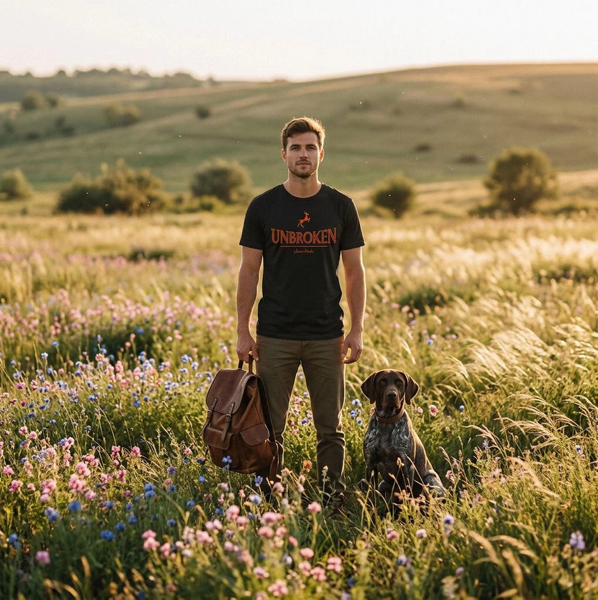 A man stands in a sunlit wildflower meadow with a dog beside him, wearing a black T-shirt with the word 'UNBROKEN' in orange-red text. He holds a brown leather bag, and rolling hills are visible in the background.