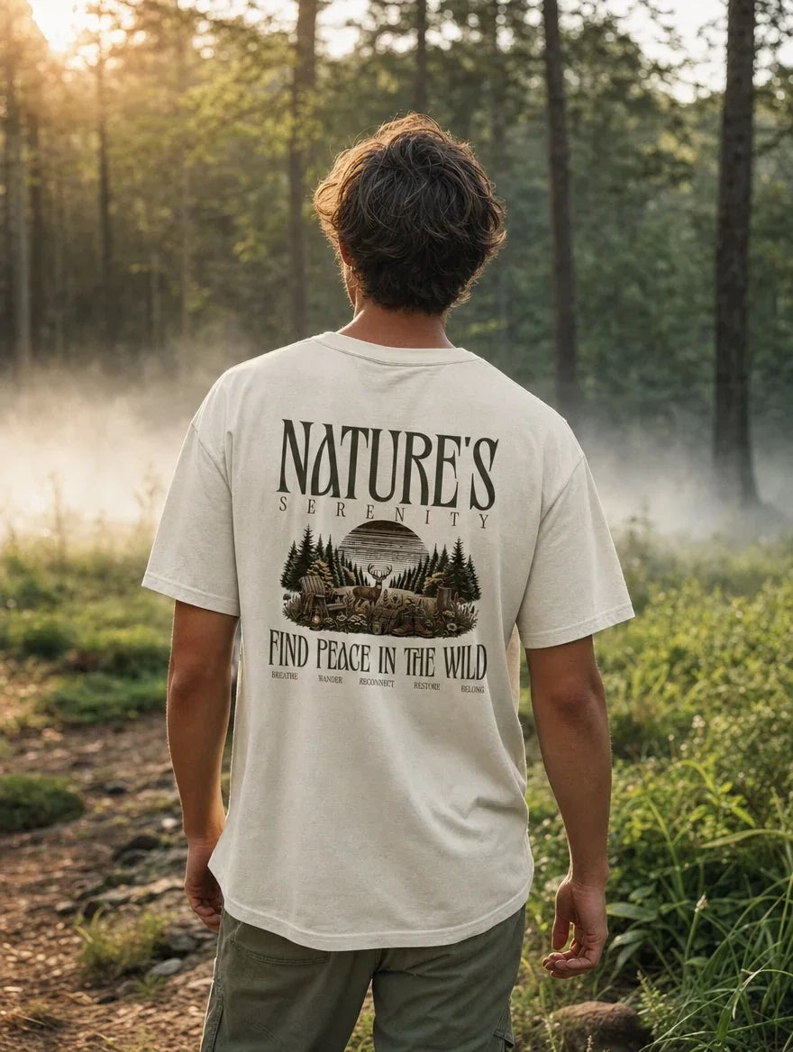 A man viewed from behind wearing a cream-colored t-shirt with a dark graphic print on the back that reads 'NATURE'S SERENITY' and 'FIND PEACE IN THE WILD' with a forest scene. He is standing in a misty, sunlit forest.