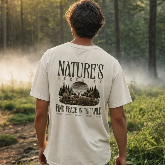 A man viewed from behind wearing a cream-colored t-shirt with a dark graphic print on the back that reads 'NATURE'S SERENITY' and 'FIND PEACE IN THE WILD' with a forest scene. He is standing in a misty, sunlit forest.