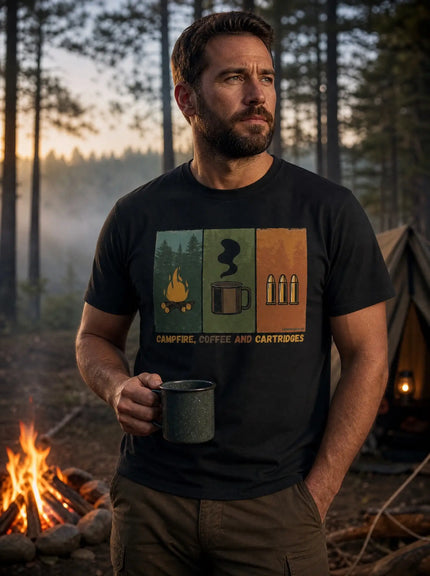 A man wearing a black graphic t-shirt with a 'Campfire, Coffee and Cartridges' design, standing in a campfire setting with a forest background.