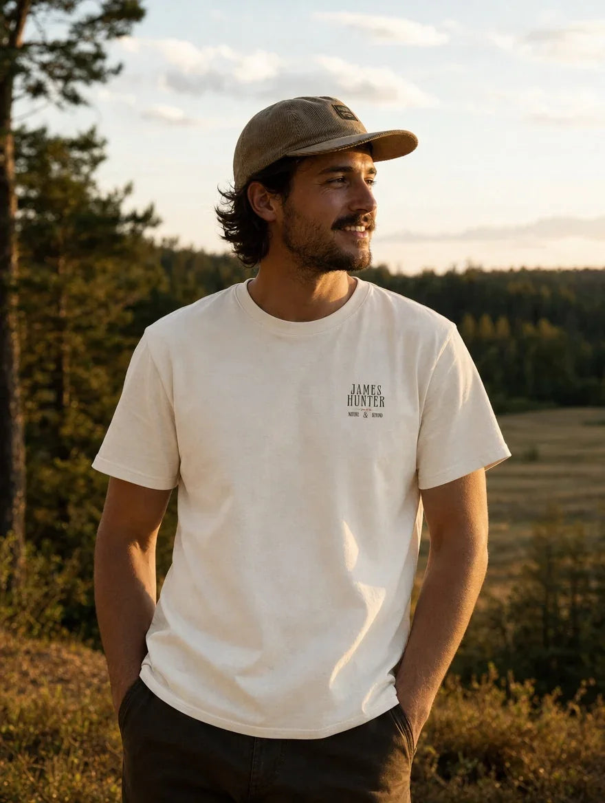 A man wearing a cream-colored crewneck t-shirt with a small black graphic on the left chest, paired with a brown baseball cap and dark pants, standing outdoors in a field during golden hour.