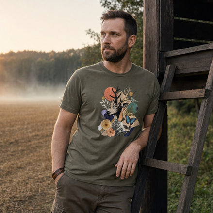 A man wearing an olive green crewneck t-shirt with a colorful graphic print of a deer head surrounded by flowers and butterflies, leaning against a wooden structure in an outdoor field at sunset.
