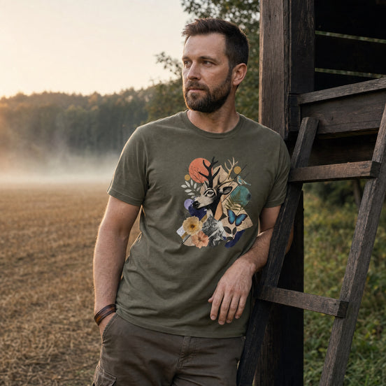 A man wearing an olive green crewneck t-shirt with a colorful graphic print of a deer head surrounded by flowers and butterflies, leaning against a wooden structure in an outdoor field at sunset.