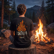 A person sits on a tree stump facing a glowing campfire at night in a forest, wearing a black T-shirt with a large orange and white graphic print on the back. Mountains and a starry sky are visible in the background.
