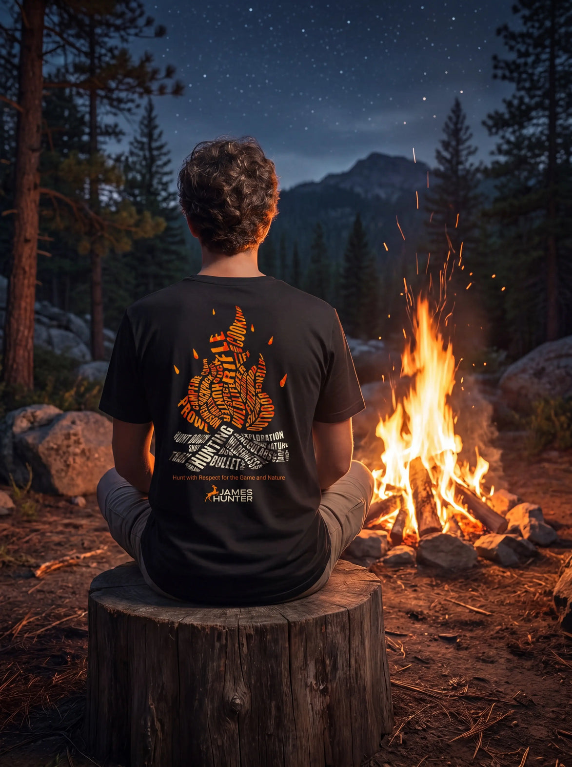 A person sits on a tree stump facing a glowing campfire at night in a forest, wearing a black T-shirt with a large orange and white graphic print on the back. Mountains and a starry sky are visible in the background.
