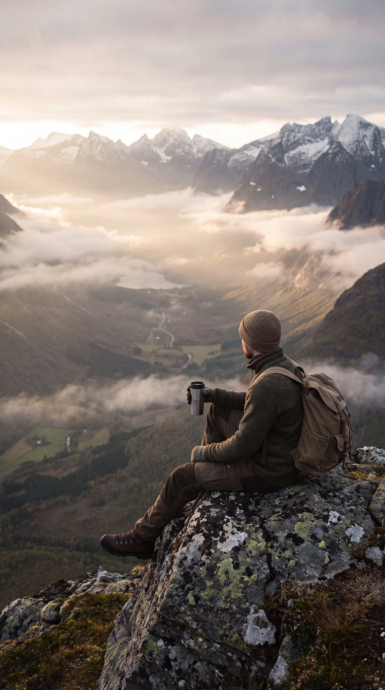 A person sitting on a rocky mountain peak overlooking a misty valley and snow-capped peaks at sunrise, wearing outdoor gear and holding a cup.