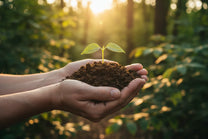 Hand holding soil with a small plant, set against a blurred natural background