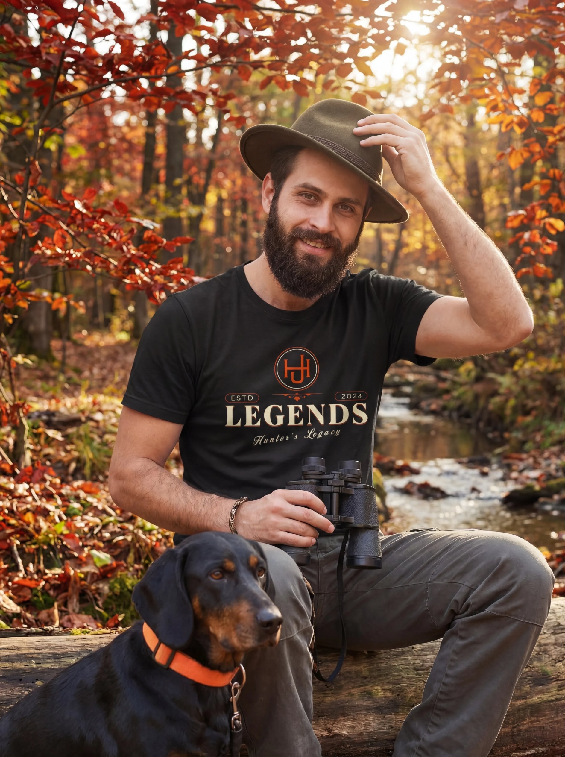 Man wearing a black t-shirt with 'Legends' text and a logo, sitting with a dog in an autumn forest.