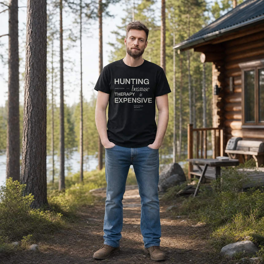 Man wearing a black t-shirt with text standing in front of a log cabin in a forest setting.