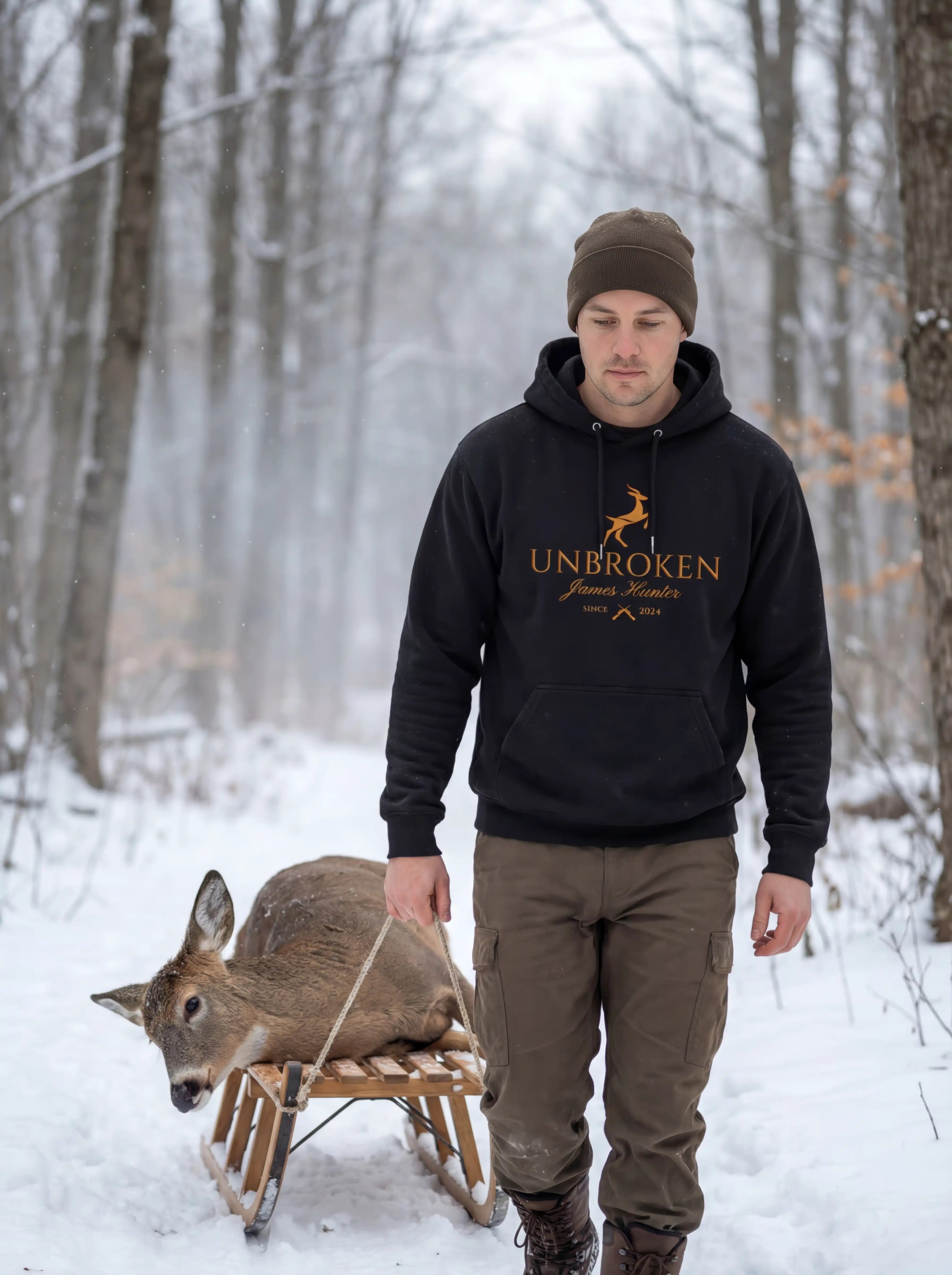 Man wearing a black hoodie with 'Unbroken' logo in a snowy forest with a deer on a sled.
