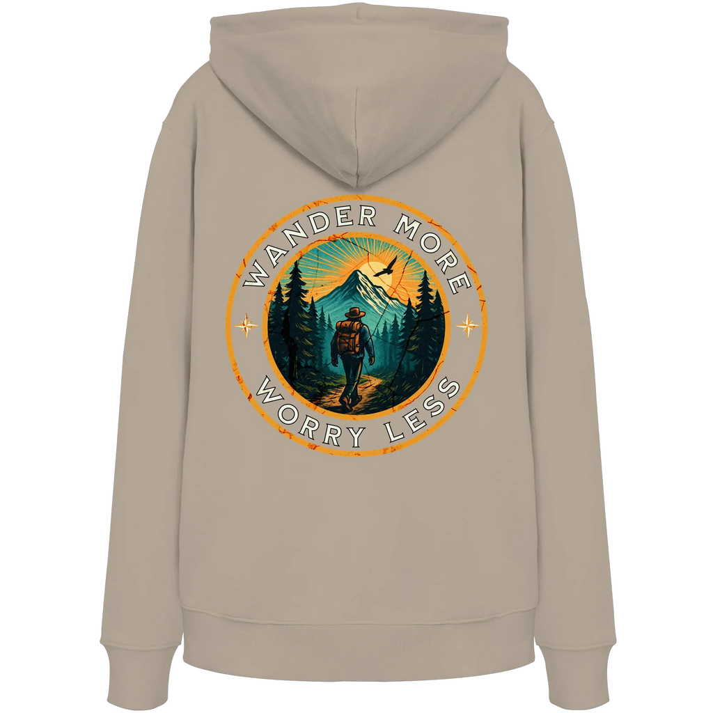 Wander More, Worry Less – Hiking Badge - Organic Hoodie