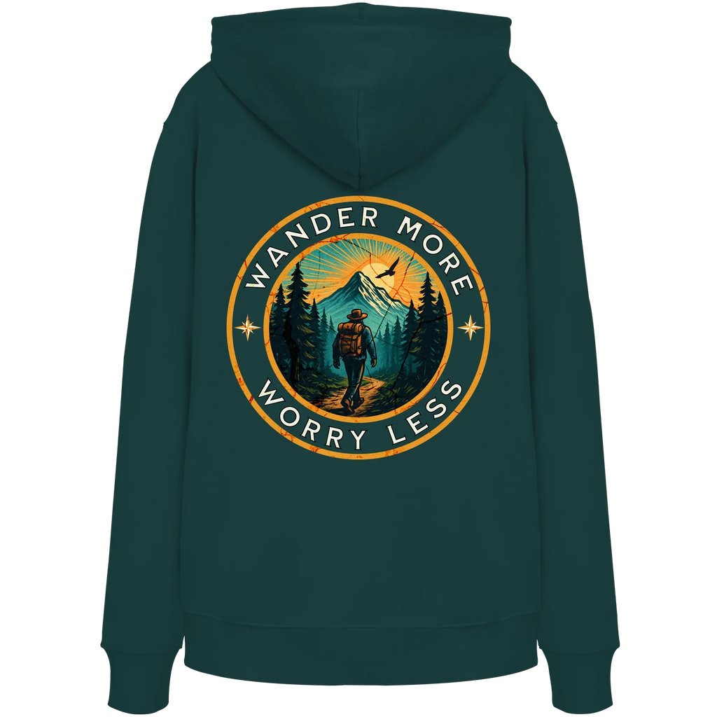 Wander More, Worry Less – Hiking Badge - Organic Hoodie