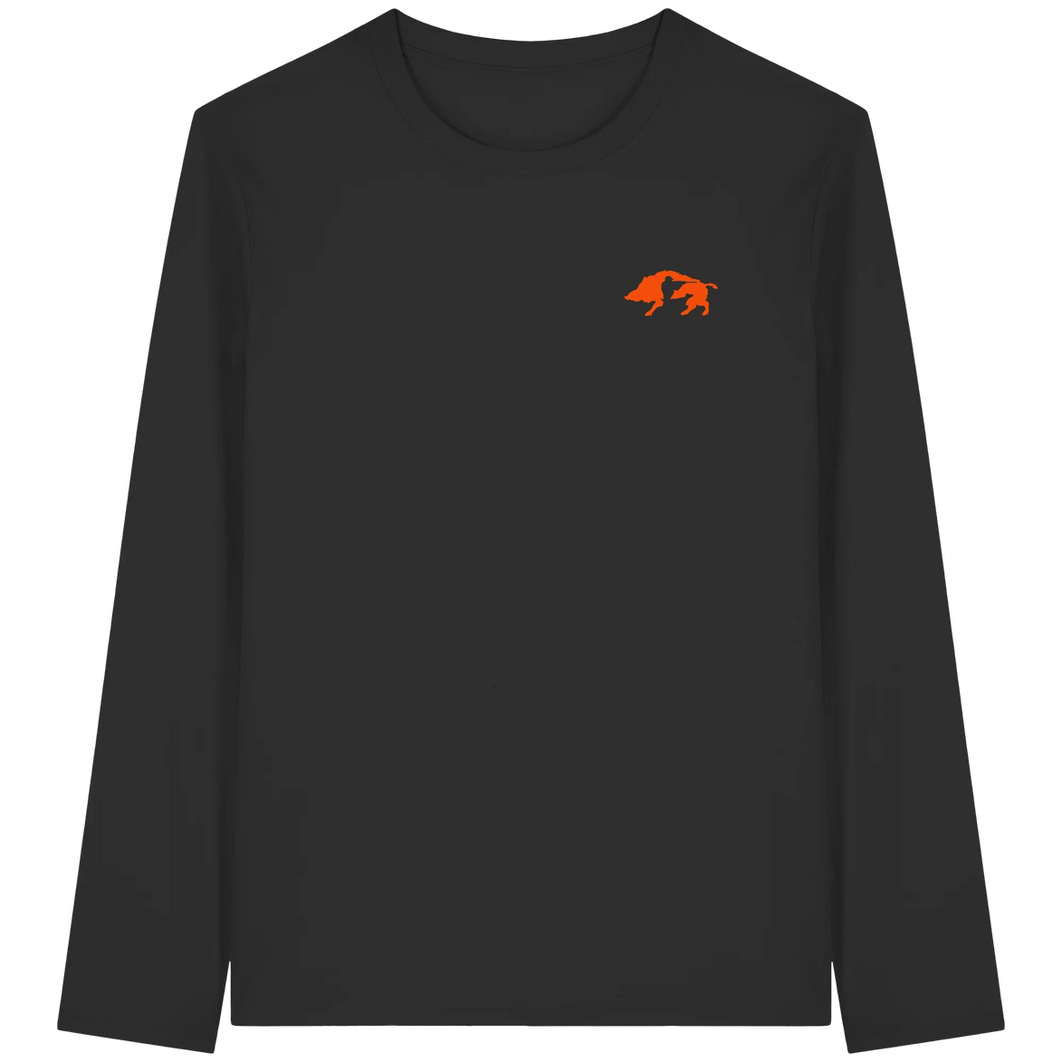 Black long sleeve shirt with orange boar graphic, eco-friendly hunting apparel for nature lovers