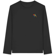 Black long sleeve shirt with colorful moose graphic, eco-friendly outdoor apparel for nature lovers