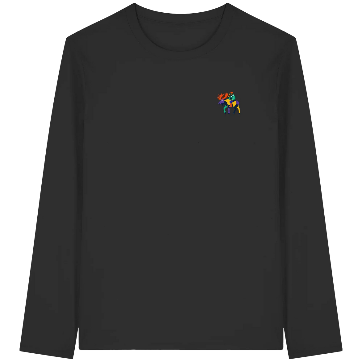 Black long sleeve shirt with colorful moose graphic, eco-friendly outdoor apparel for nature lovers