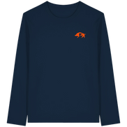 Navy long sleeve shirt with orange boar graphic, eco-friendly outdoor apparel for hunters and nature lovers