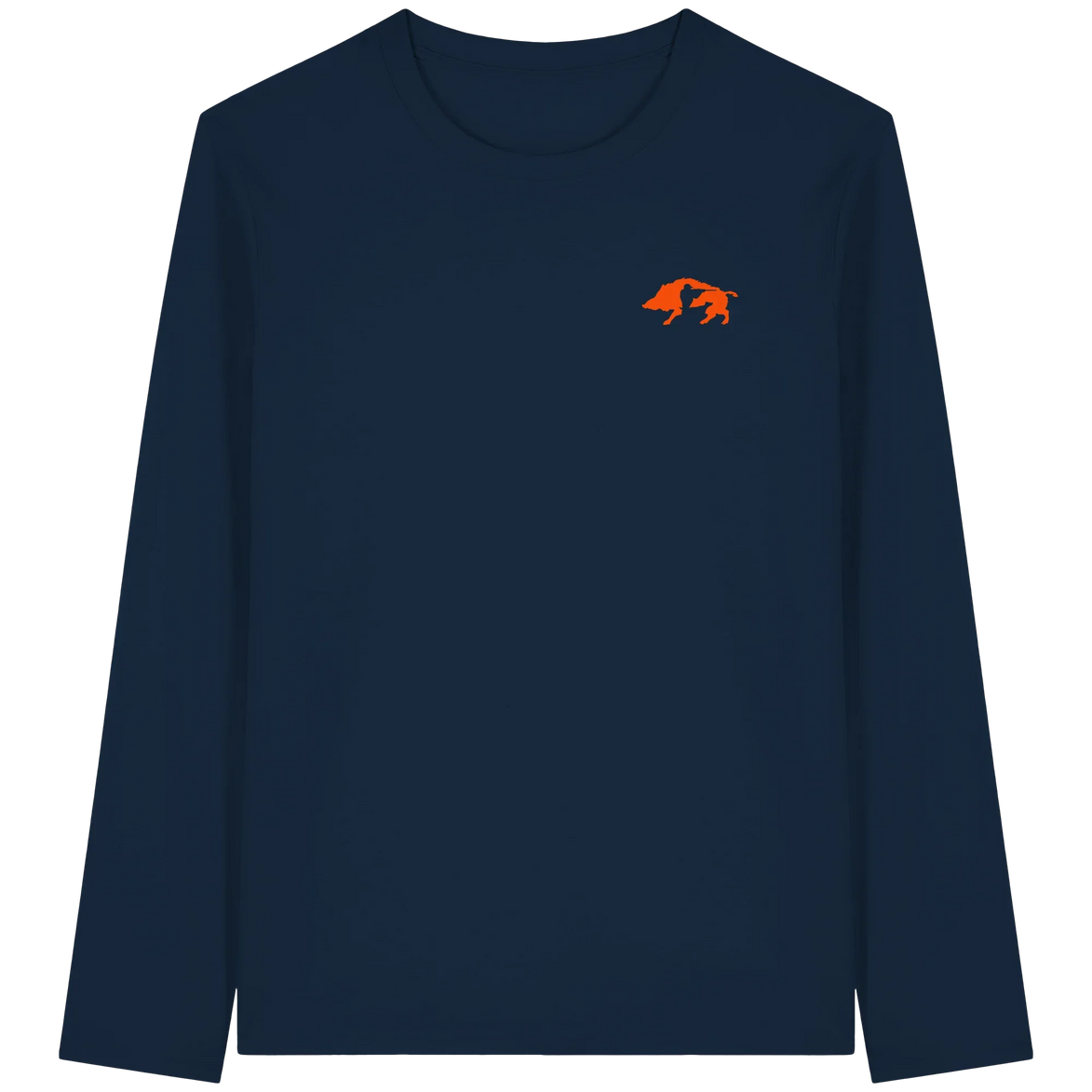 Navy long sleeve shirt with orange boar graphic, eco-friendly outdoor apparel for hunters and nature lovers