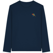 Navy long sleeve T-shirt with colorful moose graphic, eco-friendly outdoor apparel for nature lovers
