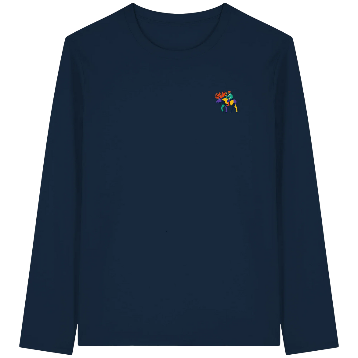 Navy long sleeve T-shirt with colorful moose graphic, eco-friendly outdoor apparel for nature lovers