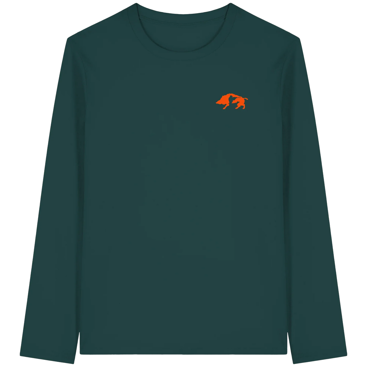 Dark green long sleeve shirt with orange boar graphic, eco-friendly hunting apparel for nature lovers.
