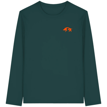 James Hunter organic longsleeve shirt featuring a boar, hunter, and dog silhouette on glazed green fabric, unisex unisex-shirt.
