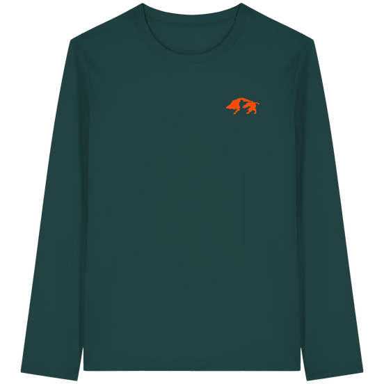 James Hunter organic longsleeve shirt featuring a boar, hunter, and dog silhouette on glazed green fabric, unisex unisex-shirt.