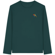 Dark green long sleeve shirt with colorful moose graphic, eco-friendly outdoor apparel for nature lovers