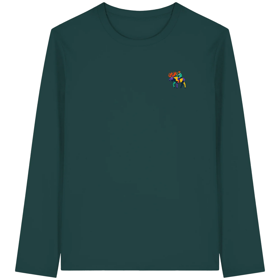 Dark green long sleeve shirt with colorful moose graphic, eco-friendly outdoor apparel for nature lovers