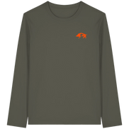 Olive green long sleeve shirt with orange wild boar graphic, eco-friendly outdoor apparel for hunters and nature lovers.