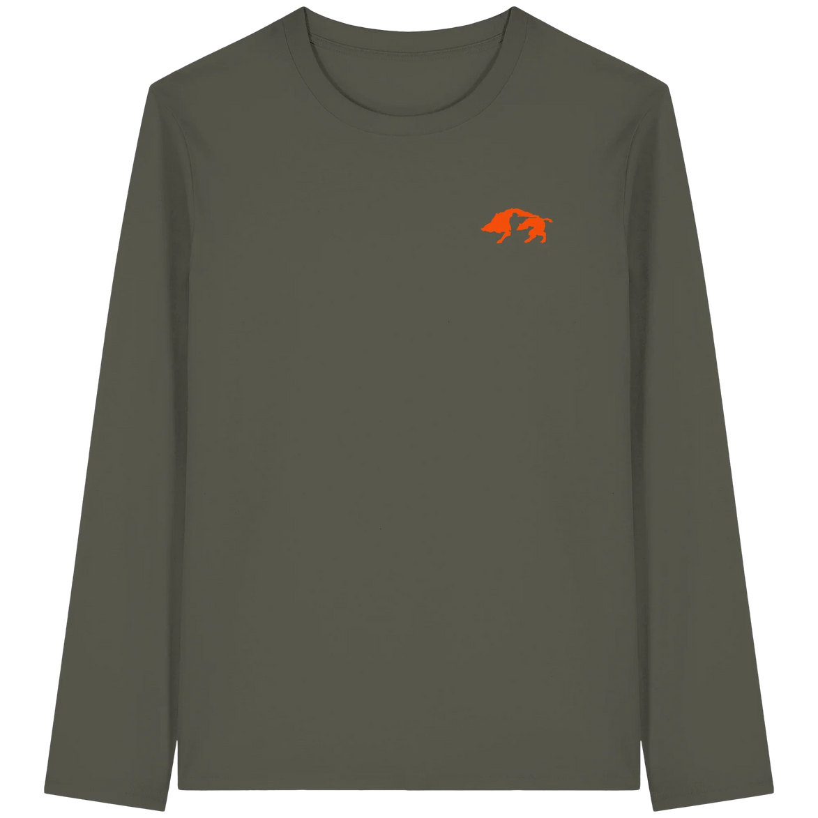Olive green long sleeve shirt with orange wild boar graphic, eco-friendly outdoor apparel for hunters and nature lovers.