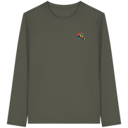 Olive long sleeve T-shirt with colorful moose graphic, eco-friendly outdoor apparel for nature lovers.