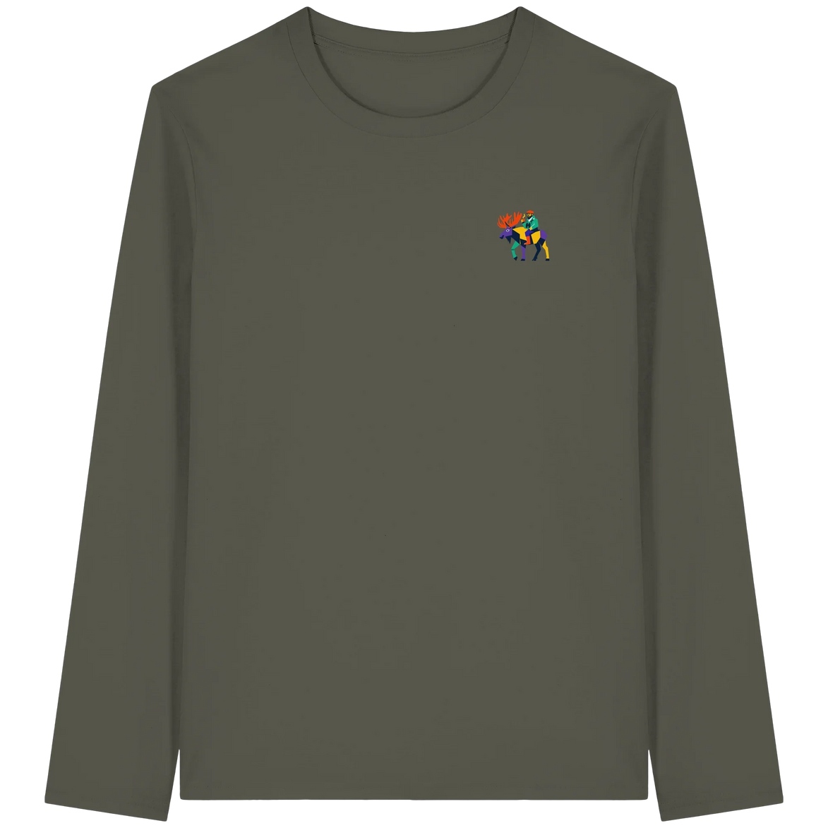 Olive long sleeve T-shirt with colorful moose graphic, eco-friendly outdoor apparel for nature lovers.