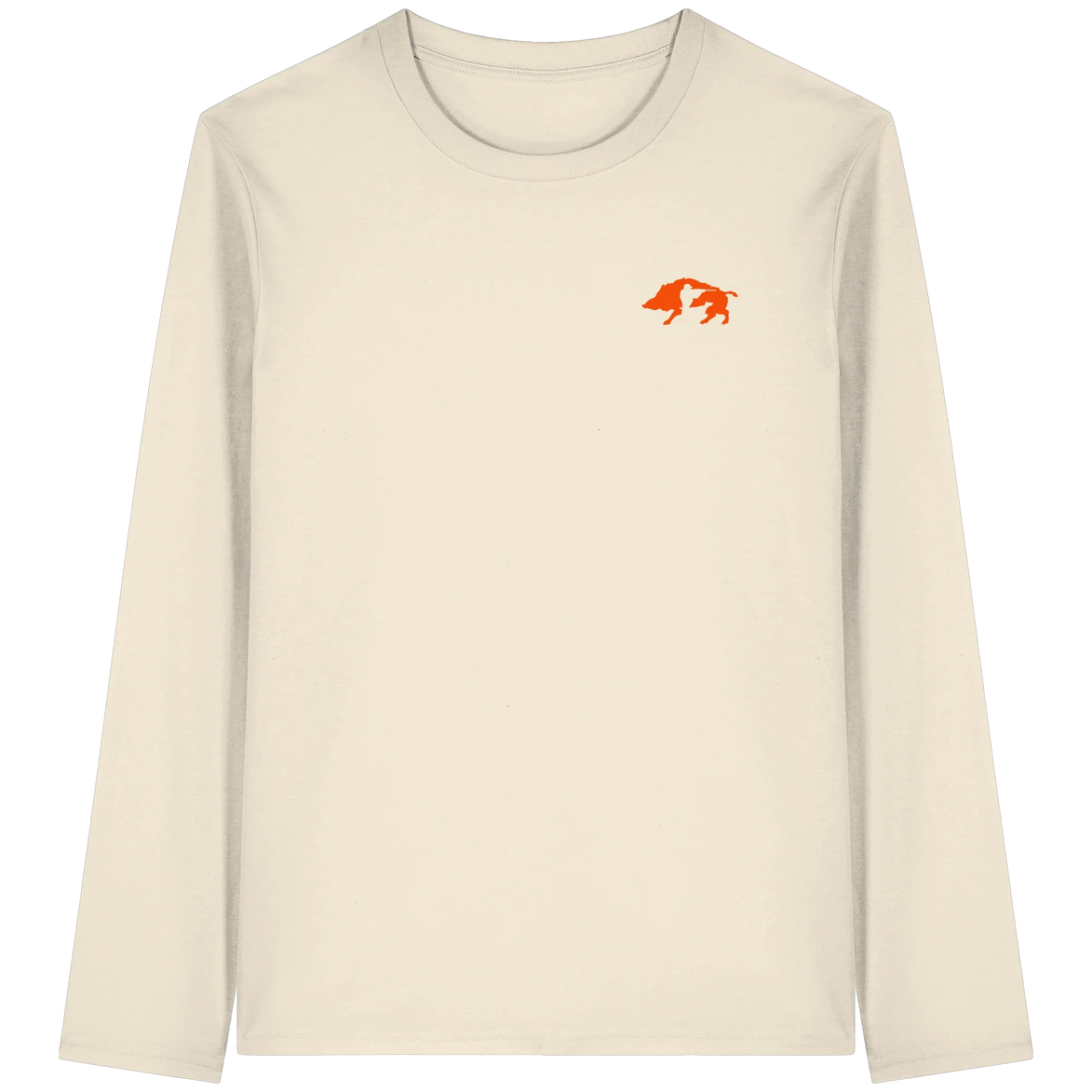 Cream long sleeve organic T-shirt with orange boar graphic, eco-friendly hunting apparel for nature lovers