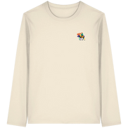 Cream long sleeve T-shirt with colorful moose rider graphic, eco-friendly outdoor apparel for nature lovers.