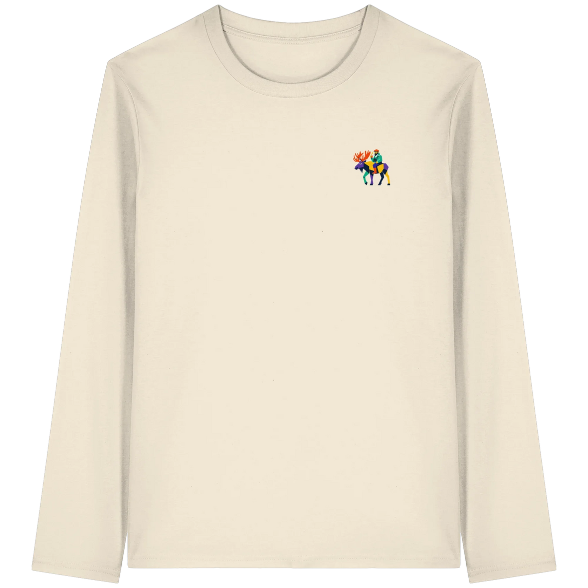 Cream long sleeve T-shirt with colorful moose rider graphic, eco-friendly outdoor apparel for nature lovers.