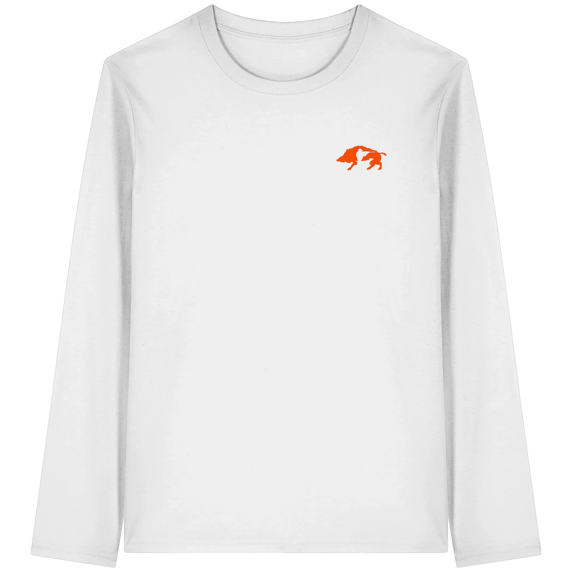 White long sleeve organic T-shirt with orange wild boar graphic for hunters and nature lovers