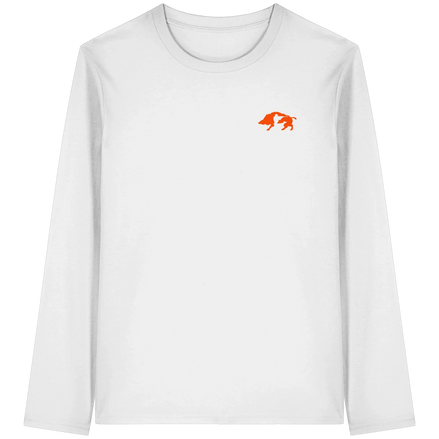 Organic white longsleeve shirt featuring a boar, hunter, and dog silhouette design by James Hunter on the front.